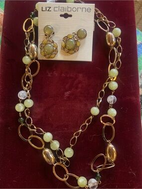 Liz Claiborne Gold-Tone Necklace and Earrings with Pale Green Beads